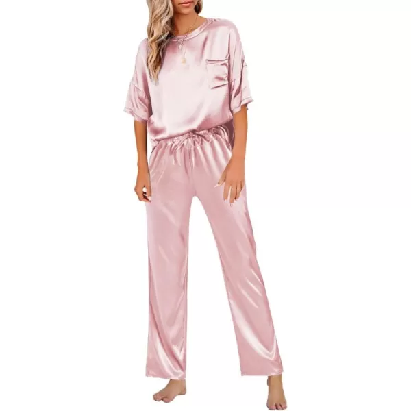 LYANER Women's Satin Silk Pajama Set Short Sleeve T-shirt with Pants Set PJ Loungewear