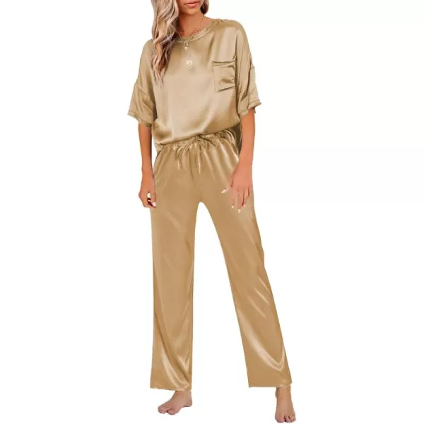 LYANER Women's Satin Silk Pajama Set Short Sleeve T-shirt with Pants Set PJ Loungewear