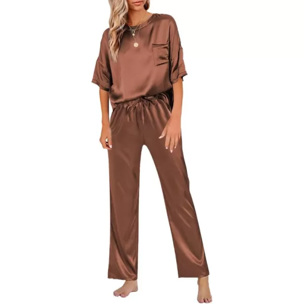 LYANER Women's Satin Silk Pajama Set Short Sleeve T-shirt with Pants Set PJ Loungewear