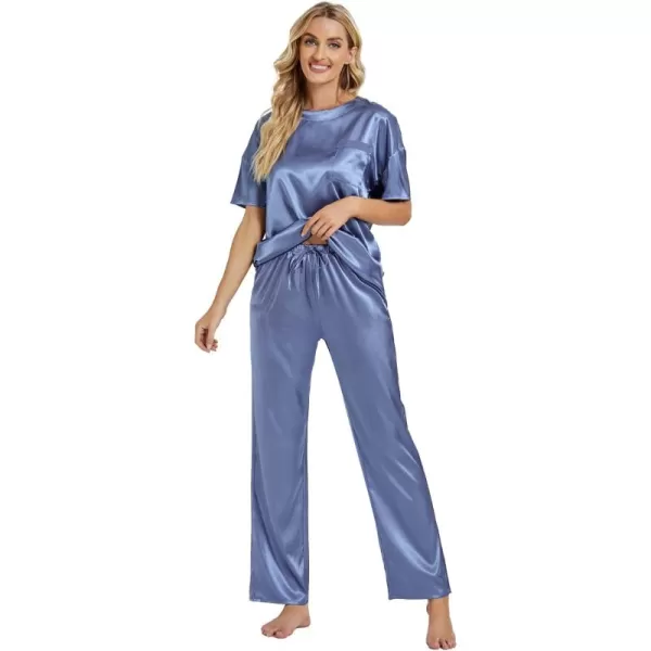 LYANER Women's Satin Silk Pajama Set Short Sleeve T-shirt with Pants Set PJ Loungewear