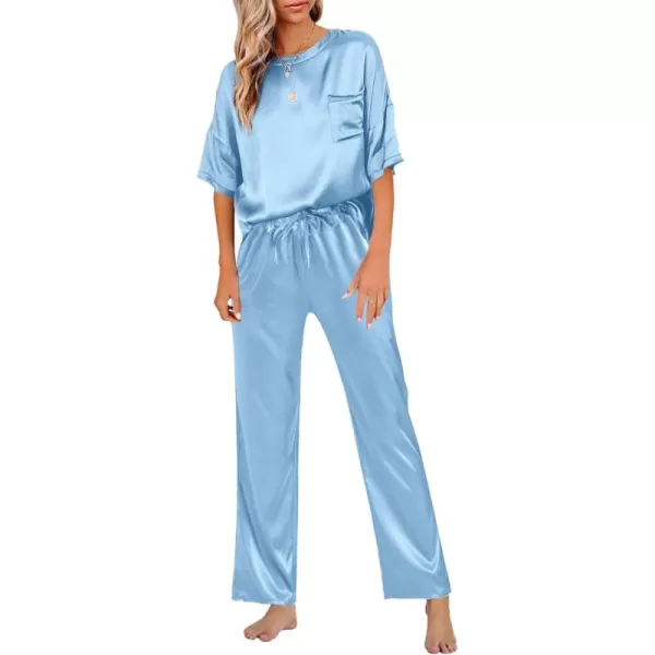 LYANER Women's Satin Silk Pajama Set Short Sleeve T-shirt with Pants Set PJ Loungewear