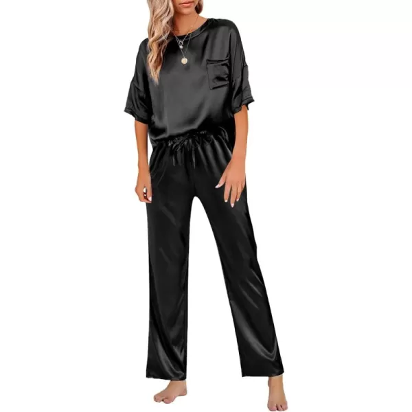 LYANER Women's Satin Silk Pajama Set Short Sleeve T-shirt with Pants Set PJ Loungewear