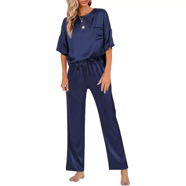 LYANER Women's Satin Silk Pajama Set Short Sleeve T-shirt with Pants Set PJ Loungewear