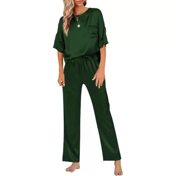 LYANER Women's Satin Silk Pajama Set Short Sleeve T-shirt with Pants Set PJ Loungewear