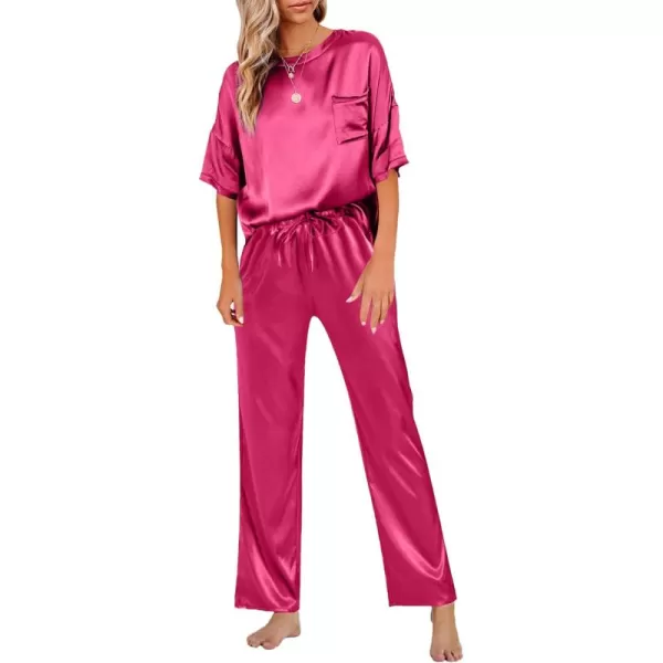 LYANER Women's Satin Silk Pajama Set Short Sleeve T-shirt with Pants Set PJ Loungewear