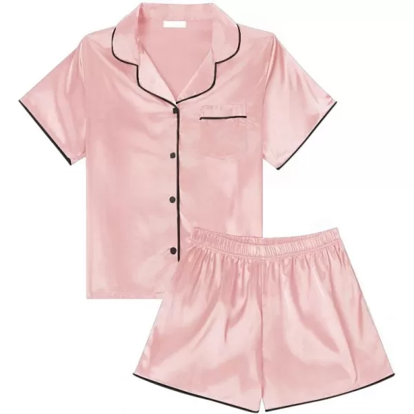 LYANER Women's Satin Silk Pajamas Short Sleeve Button Shirt with Shorts Set PJ Sleepwear