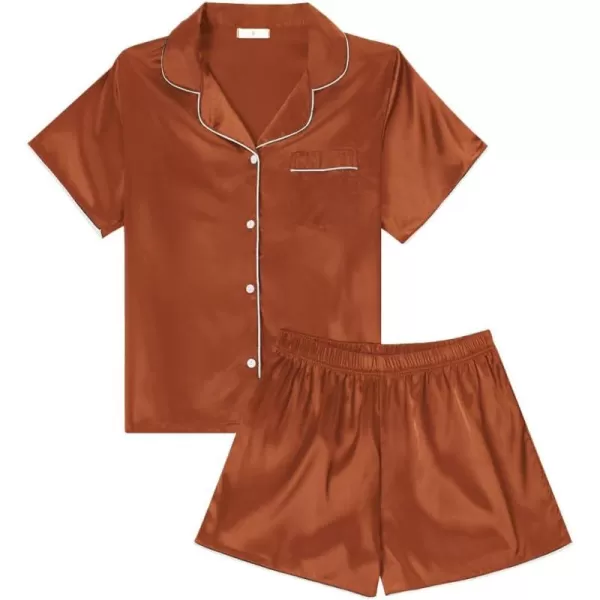 LYANER Women's Satin Silk Pajamas Short Sleeve Button Shirt with Shorts Set PJ Sleepwear
