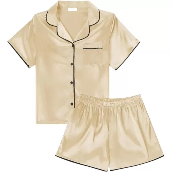LYANER Women's Satin Silk Pajamas Short Sleeve Button Shirt with Shorts Set PJ Sleepwear