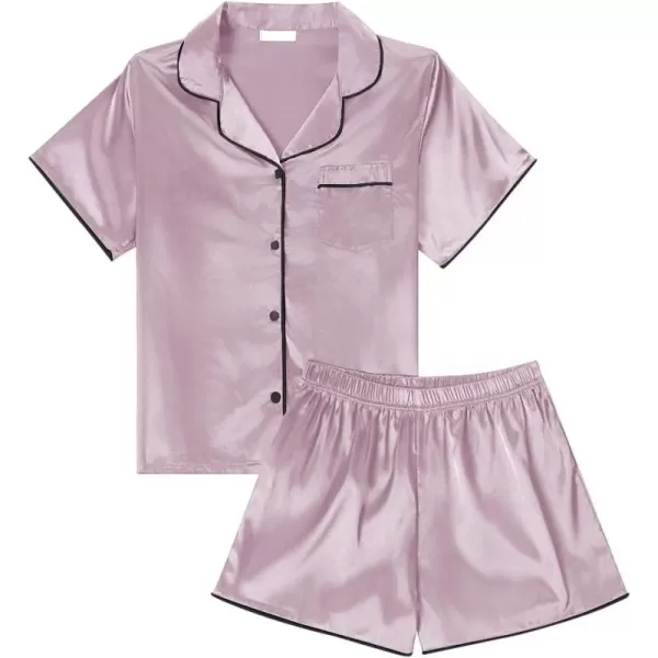 LYANER Women's Satin Silk Pajamas Short Sleeve Button Shirt with Shorts Set PJ Sleepwear