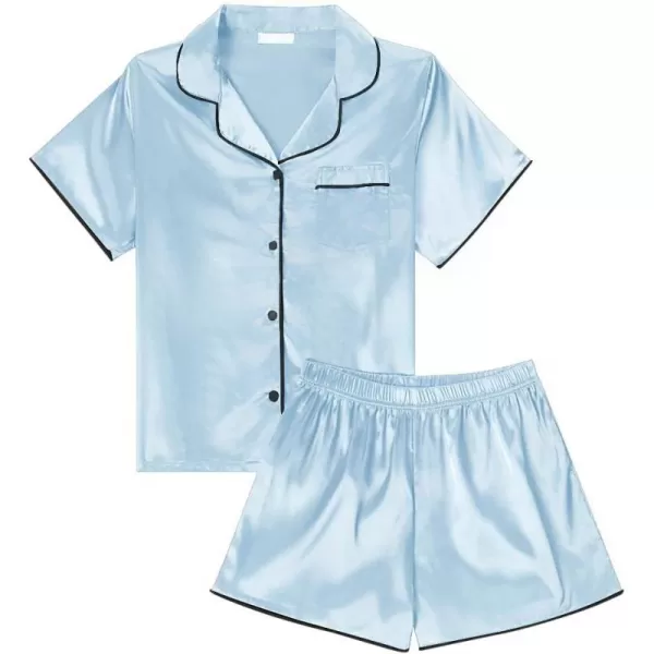 LYANER Women's Satin Silk Pajamas Short Sleeve Button Shirt with Shorts Set PJ Sleepwear