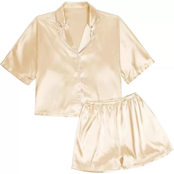 LYANER Women's Satin Silk Short Sleeve Button Down Top and Shorts Loungewear Pajama PJ Set