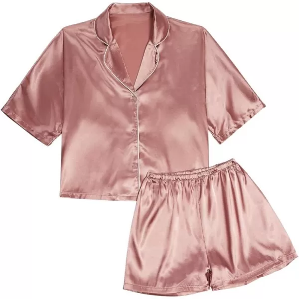 LYANER Women's Satin Silk Short Sleeve Button Down Top and Shorts Loungewear Pajama PJ Set