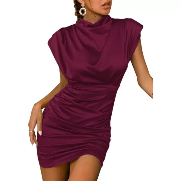 LYANER Women's Satin Silk Shoulder Pad Ruched Bodycon Sleeveless Mini Tank Dress