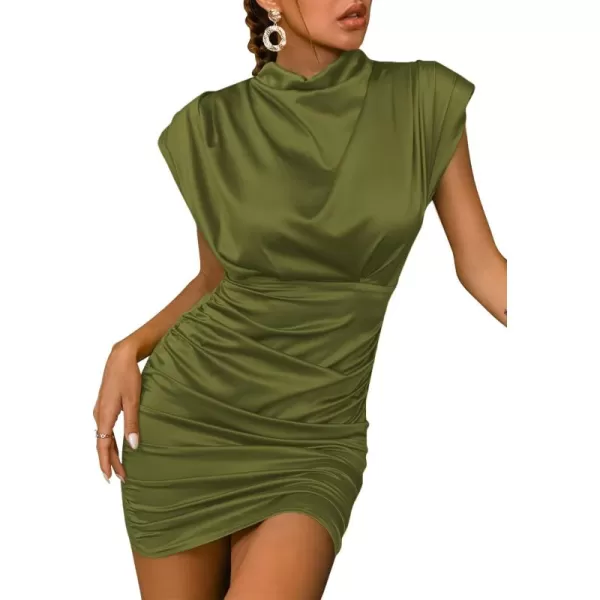 LYANER Women's Satin Silk Shoulder Pad Ruched Bodycon Sleeveless Mini Tank Dress