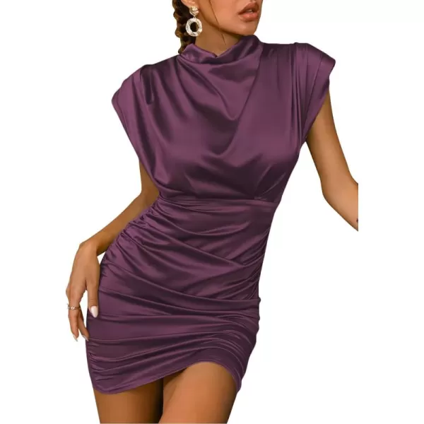 LYANER Women's Satin Silk Shoulder Pad Ruched Bodycon Sleeveless Mini Tank Dress