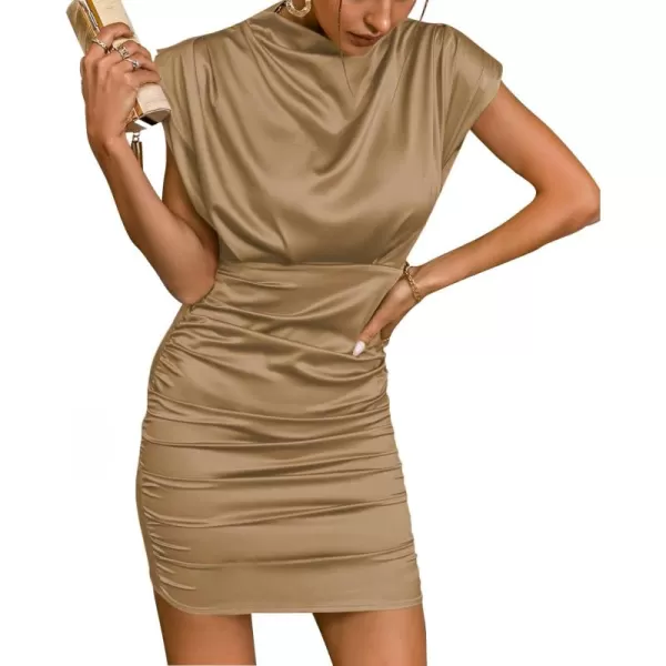 LYANER Women's Satin Silk Shoulder Pad Ruched Bodycon Sleeveless Mini Tank Dress
