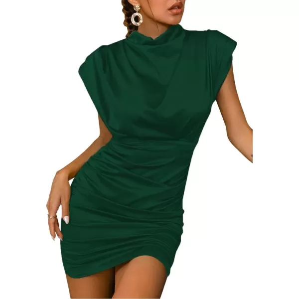LYANER Women's Satin Silk Shoulder Pad Ruched Bodycon Sleeveless Mini Tank Dress