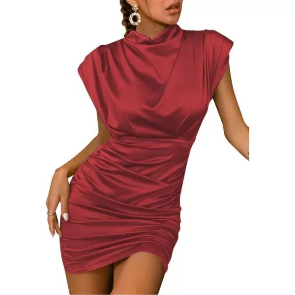 LYANER Women's Satin Silk Shoulder Pad Ruched Bodycon Sleeveless Mini Tank Dress
