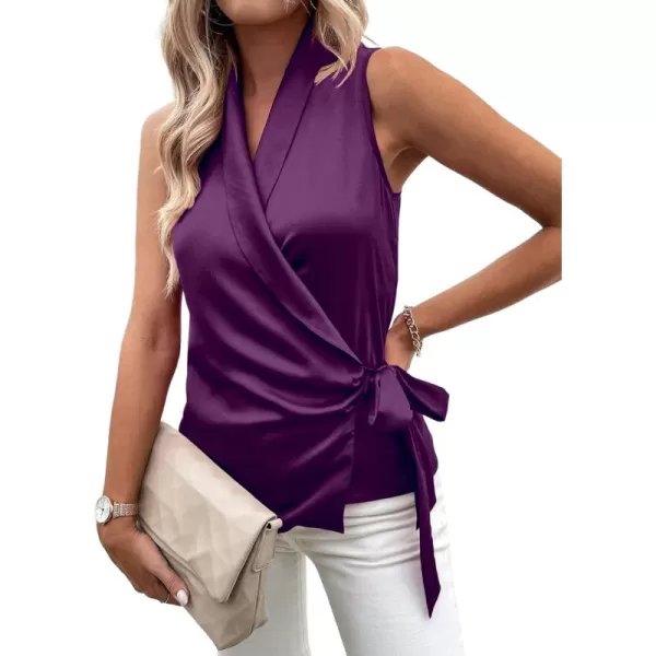 LYANER Women's Satin Silk Sleeveless Wrap V Neck Tie Waist Elegant Cami Tank Blouse