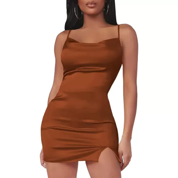 LYANER Women's Satin Silk Spaghetti Strap Slit Bodycon Sleeveless Mini Dress
