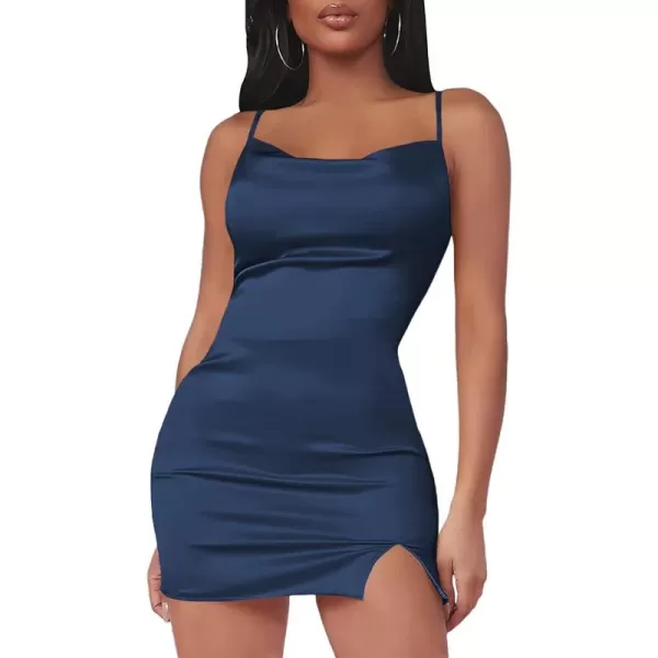 LYANER Women's Satin Silk Spaghetti Strap Slit Bodycon Sleeveless Mini Dress
