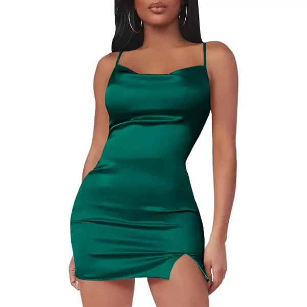 LYANER Women's Satin Silk Spaghetti Strap Slit Bodycon Sleeveless Mini Dress