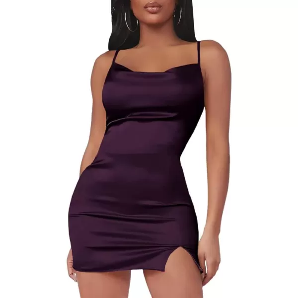 LYANER Women's Satin Silk Spaghetti Strap Slit Bodycon Sleeveless Mini Dress