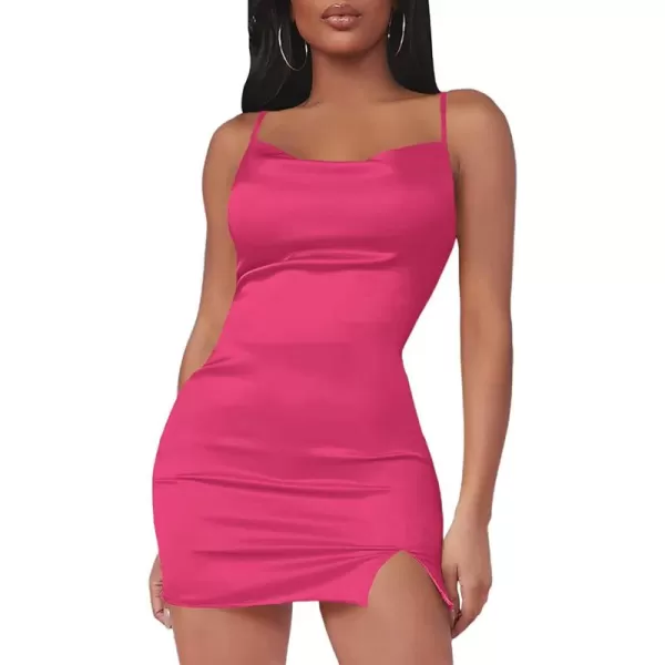 LYANER Women's Satin Silk Spaghetti Strap Slit Bodycon Sleeveless Mini Dress