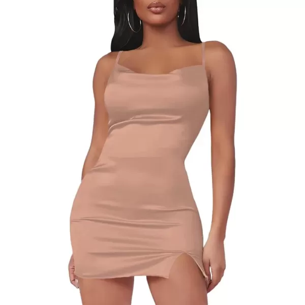 LYANER Women's Satin Silk Spaghetti Strap Slit Bodycon Sleeveless Mini Dress