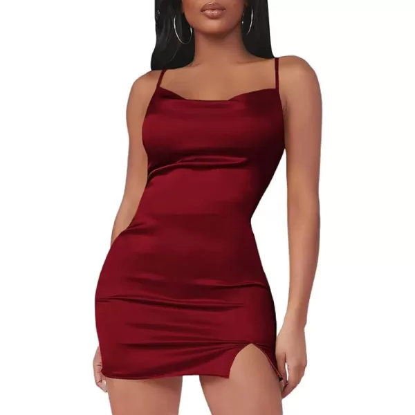 LYANER Women's Satin Silk Spaghetti Strap Slit Bodycon Sleeveless Mini Dress