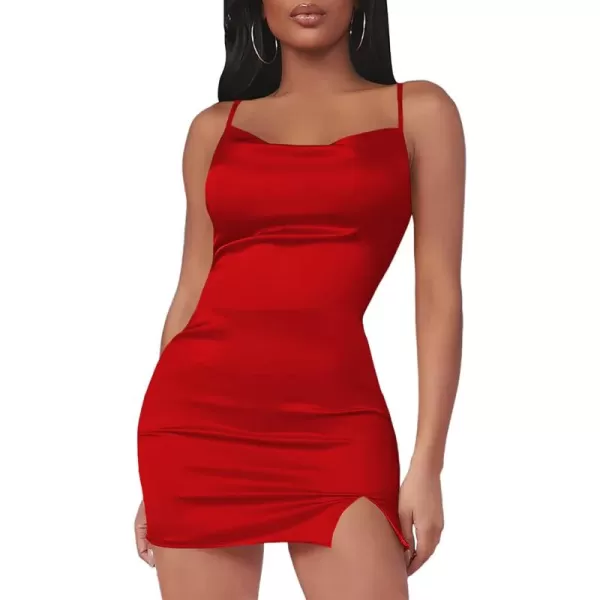 LYANER Women's Satin Silk Spaghetti Strap Slit Bodycon Sleeveless Mini Dress