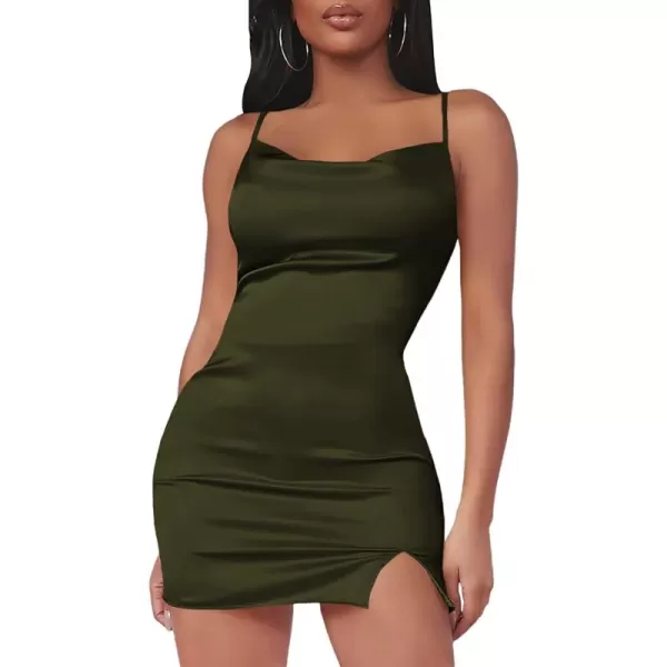 LYANER Women's Satin Silk Spaghetti Strap Slit Bodycon Sleeveless Mini Dress