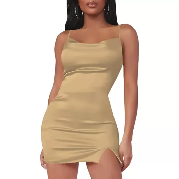 LYANER Women's Satin Silk Spaghetti Strap Slit Bodycon Sleeveless Mini Dress
