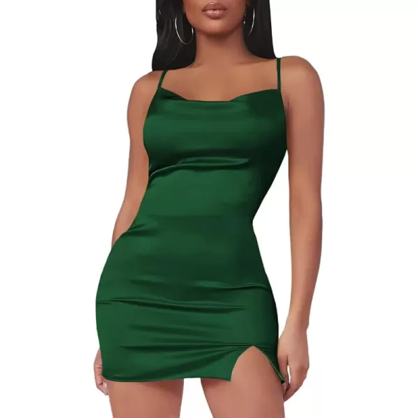 LYANER Women's Satin Silk Spaghetti Strap Slit Bodycon Sleeveless Mini Dress