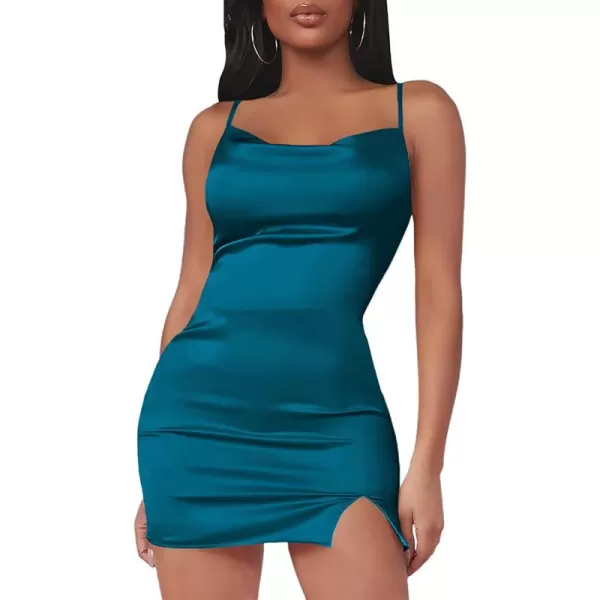 LYANER Women's Satin Silk Spaghetti Strap Slit Bodycon Sleeveless Mini Dress