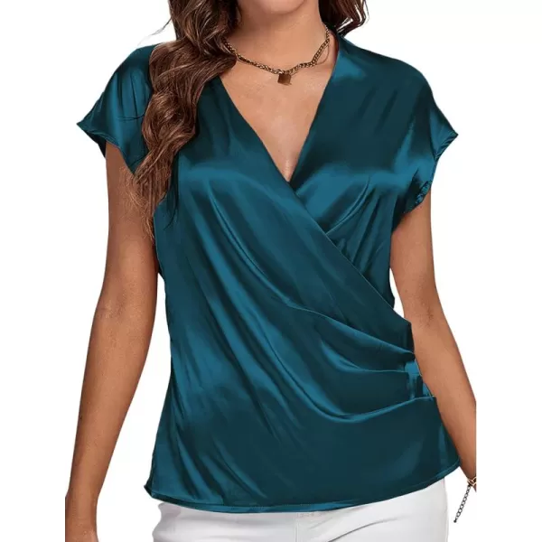 LYANER Women's Satin Silk Wrap V Neck Cap Sleeve Elegant Workwear Blouse Shirt Top