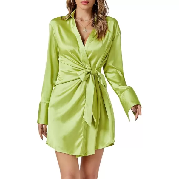 LYANER Women's Satin Silky Collar Wraped Waist Tie Long Sleeve Mini Dress
