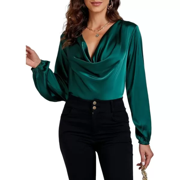 LYANER Women's Satin Silky Cowl Neck Drape Ruched Front Long Sleeve Blouse Shirt Top