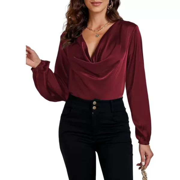 LYANER Women's Satin Silky Cowl Neck Drape Ruched Front Long Sleeve Blouse Shirt Top