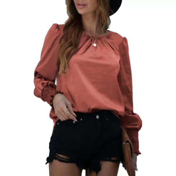 LYANER Women's Satin Silky Crewneck Long Sleeve Ruched Front Blouse Shirt Top