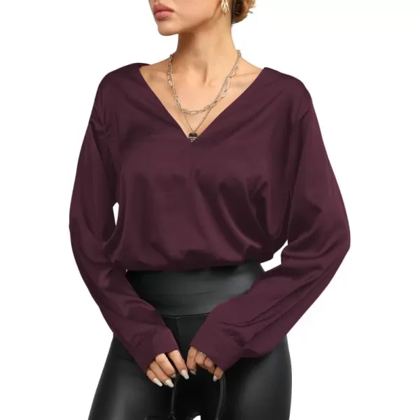 LYANER Women's Satin Silky Deep V Neck Long Sleeve Work Elegant Blouse Top
