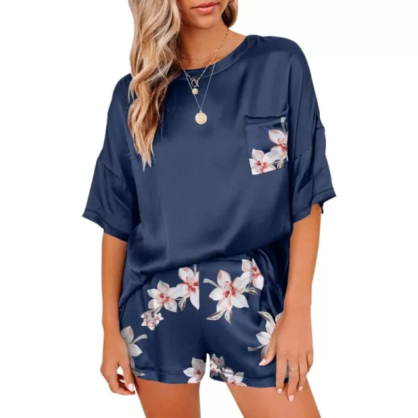 LYANER Women's Satin Silky Pajama Set Short Sleeve T-shirt With Shorts Set PJ Loungewear