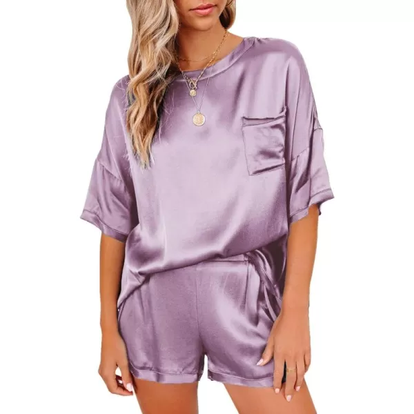 LYANER Women's Satin Silky Pajama Set Short Sleeve T-shirt With Shorts Set PJ Loungewear