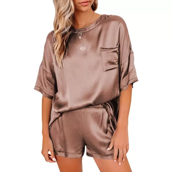 LYANER Women's Satin Silky Pajama Set Short Sleeve T-shirt With Shorts Set PJ Loungewear