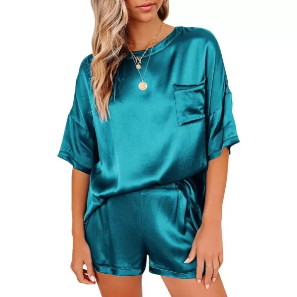 LYANER Women's Satin Silky Pajama Set Short Sleeve T-shirt With Shorts Set PJ Loungewear