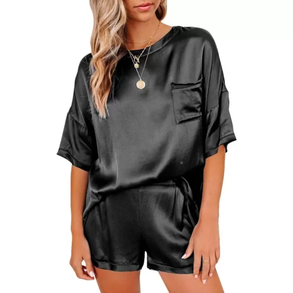 LYANER Women's Satin Silky Pajama Set Short Sleeve T-shirt With Shorts Set PJ Loungewear