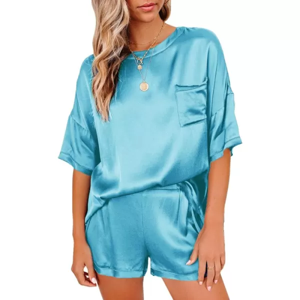 LYANER Women's Satin Silky Pajama Set Short Sleeve T-shirt With Shorts Set PJ Loungewear