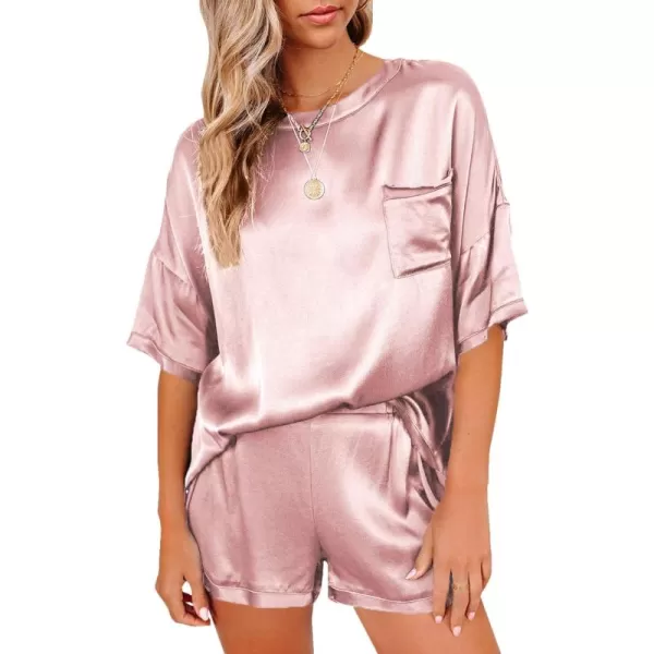 LYANER Women's Satin Silky Pajama Set Short Sleeve T-shirt With Shorts Set PJ Loungewear