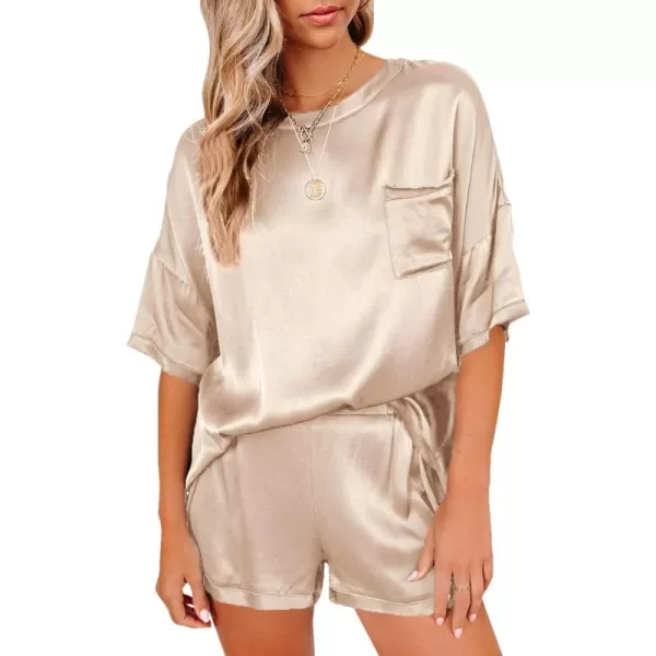 LYANER Women's Satin Silky Pajama Set Short Sleeve T-shirt With Shorts Set PJ Loungewear