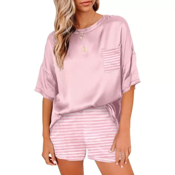 LYANER Women's Satin Silky Pajama Set Short Sleeve T-shirt With Shorts Set PJ Loungewear